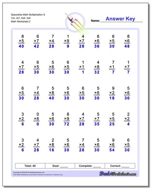Spaceship Math Multiplication Worksheet S 7x4, 4x7, 6x5, 5x6 www.dadsworksheets.com/worksheets/multiplication.html