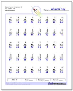 Spaceship Math Multiplication Worksheet S 7x4, 4x7, 6x5, 5x6