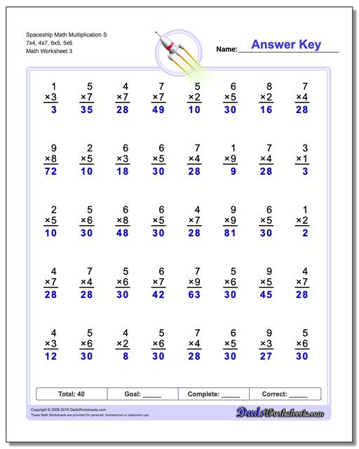 Spaceship Math Multiplication Worksheet S 7x4, 4x7, 6x5, 5x6