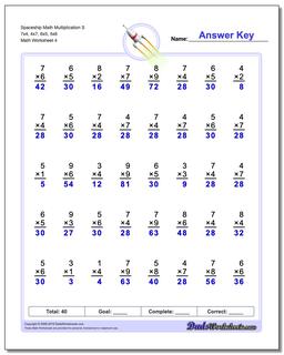 Spaceship Math Multiplication Worksheet S 7x4, 4x7, 6x5, 5x6