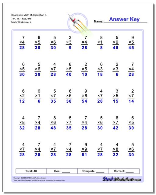 Spaceship Math Multiplication Worksheet S 7x4, 4x7, 6x5, 5x6
