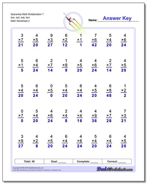 Spaceship Math Multiplication Worksheet T 5x4, 4x5, 4x6, 6x4 www.dadsworksheets.com/worksheets/multiplication.html