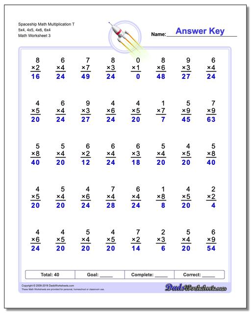 Spaceship Math Multiplication Worksheet T 5x4, 4x5, 4x6, 6x4