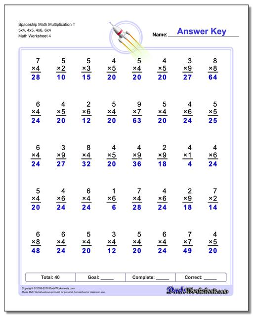 Spaceship Math Multiplication Worksheet T 5x4, 4x5, 4x6, 6x4