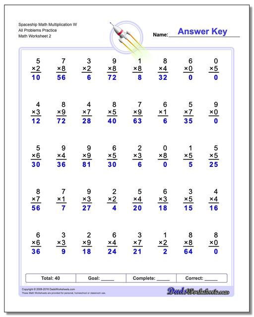 Spaceship Math Multiplication Worksheet W All Problems Worksheet Practice www.dadsworksheets.com/worksheets/multiplication.html