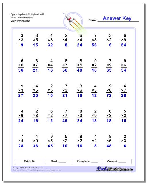 Spaceship Math Multiplication Worksheet X No x1 or x0 Problems Worksheet www.dadsworksheets.com/worksheets/multiplication.html