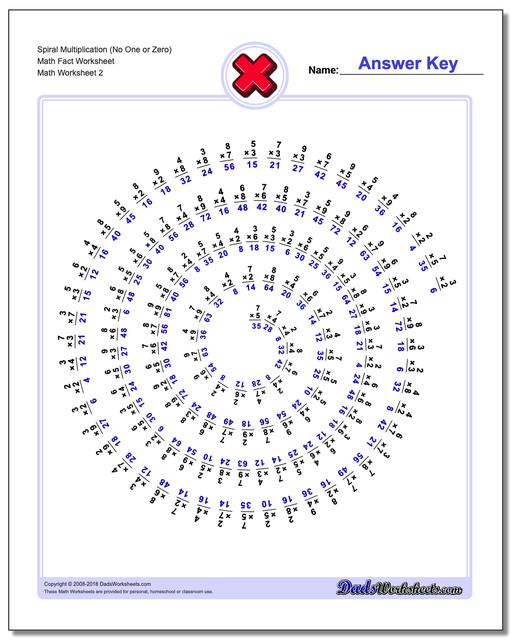 Spiral Multiplication (No One or Zero) Math Fact Worksheet www.dadsworksheets.com/worksheets/multiplication.html