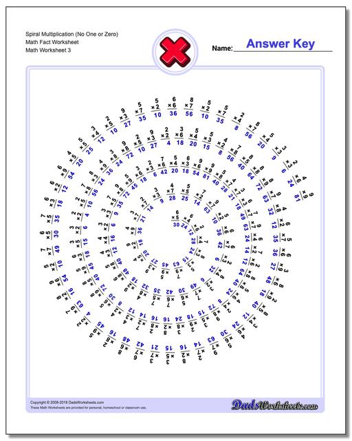 Spiral Multiplication (No One or Zero) Math Fact Worksheet