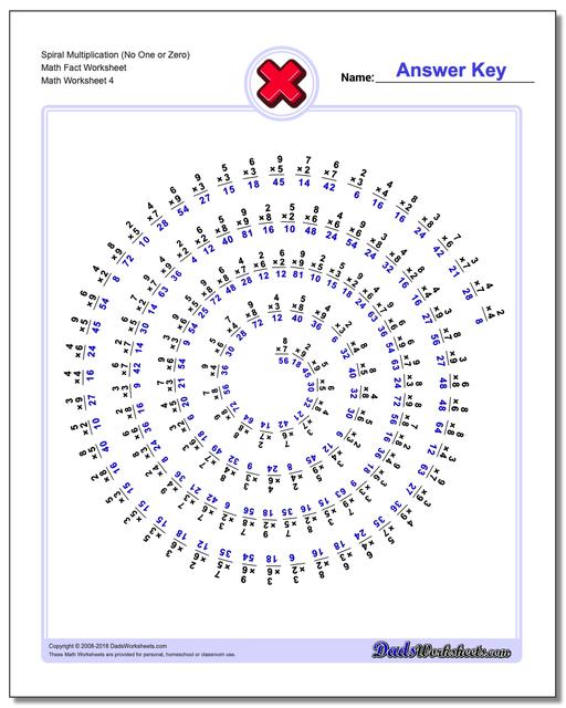 Spiral Multiplication (No One or Zero) Math Fact Worksheet