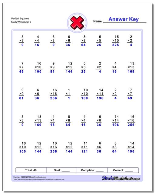 Perfect Squares www.dadsworksheets.com/worksheets/multiplication.html Worksheet