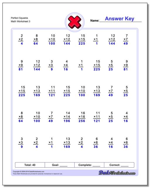 Perfect Squares Worksheet