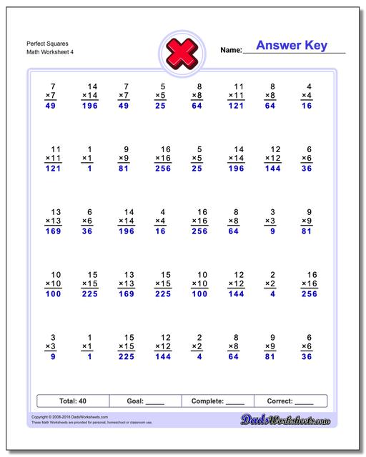 Perfect Squares Worksheet