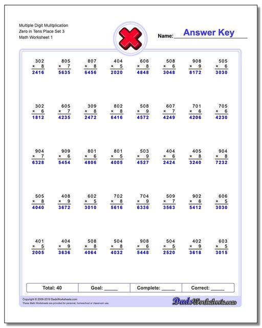 Multiplication Across Zeros Worksheets
