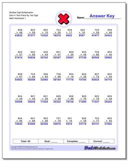 Multiple Digit Multiplication Zero in Tens Place By Two Digit Multiplication Worksheet