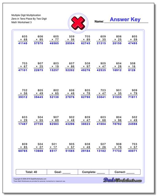 Multiple Digit Mulitplication Zero in Tens Place By Two Digit Worksheet