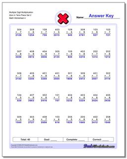 Multiple Digit Multiplication Zero in Tens Place Set 2 Worksheet