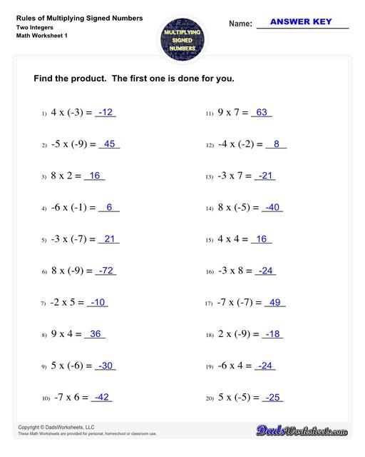 These worksheets practice multipling two or three signed numbers, as well as zero. The problems on these worksheets help students understand how to determine whether the product of a multiplication is positive, negative or zero, and also provide practice determining multiplicands (and their signs) from the product. Multiplying Signed Numbers Two Integers Find The Product V1