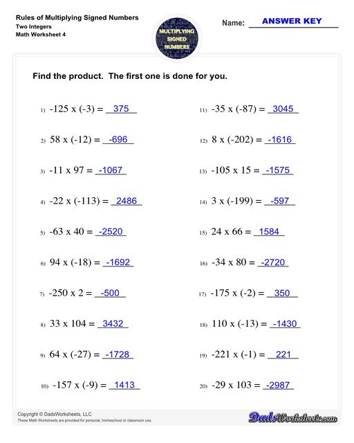 These worksheets practice multipling two or three signed numbers, as well as zero. The problems on these worksheets help students understand how to determine whether the product of a multiplication is positive, negative or zero, and also provide practice determining multiplicands (and their signs) from the product. Multiplying Signed Numbers Two Integers Find The Product V4