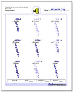 Negative Numbers Number Division Worksheet with Remainders Three Digit