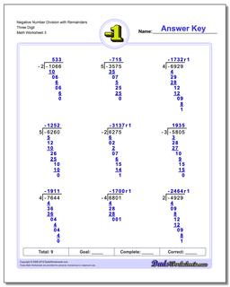 Negative Number Division Worksheet with Remainders Three Digit