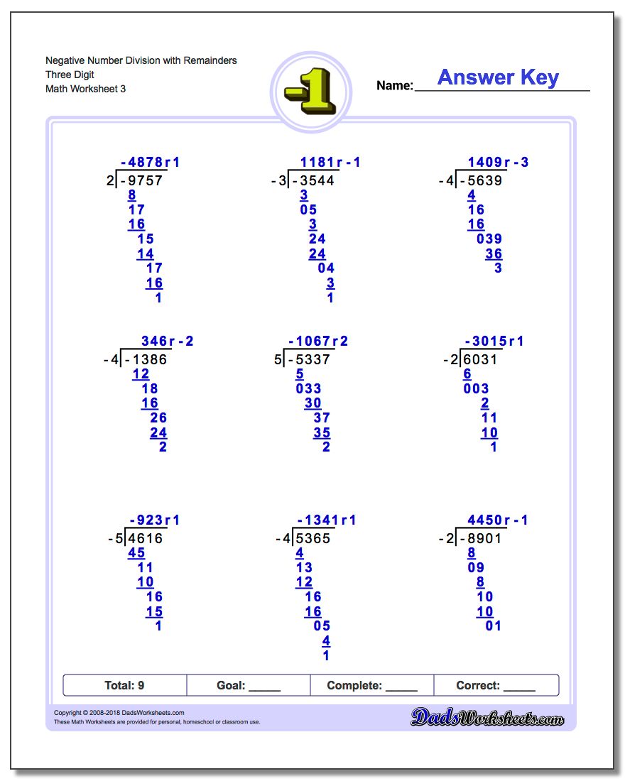 Negative Number Division Worksheet with Remainders Three Digit