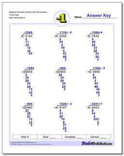 Negative Number Division Worksheet with Remainders Three Digit