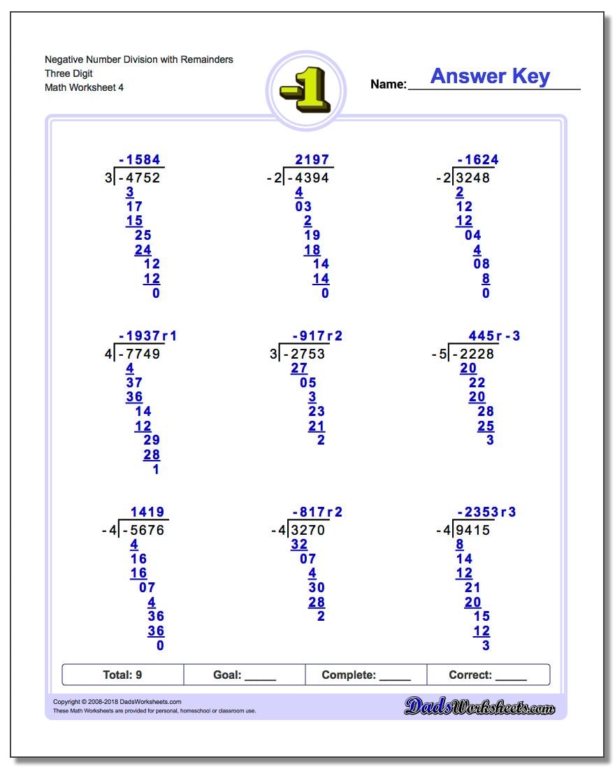 Negative Number Division Worksheet with Remainders Three Digit