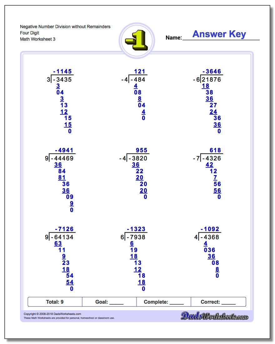 Negative Number Division Worksheet without Remainders Four Digit