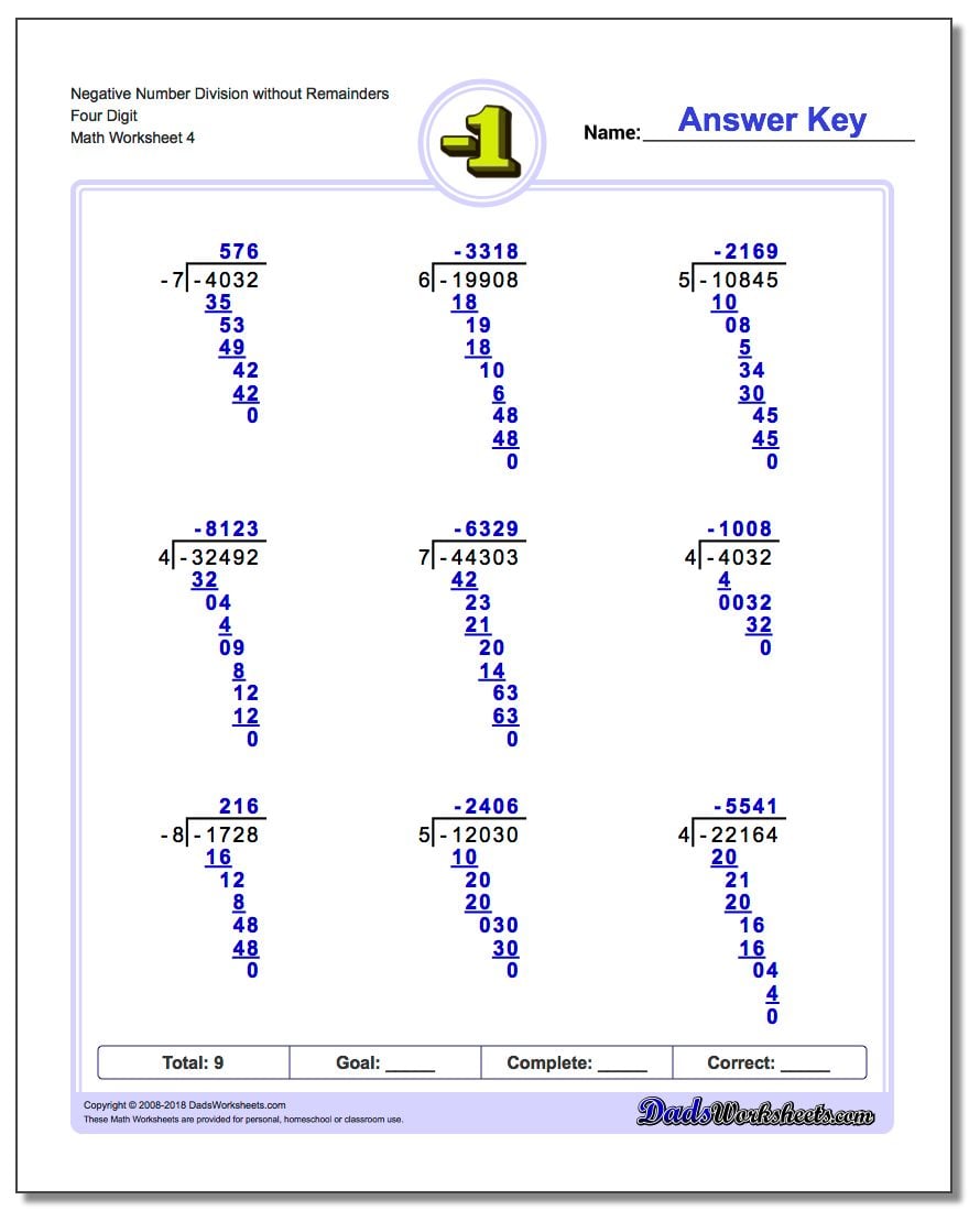 Negative Number Division Worksheet without Remainders Four Digit