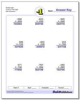 Multiple Digits Three by Three Digits Negative Numbers Worksheet