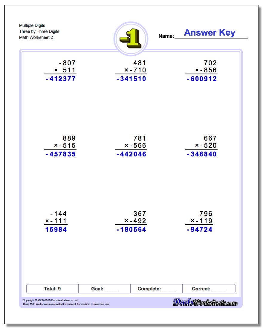 Multiple Digits Three by Three Digits www.dadsworksheets.com/worksheets/negative-numbers.html Worksheet