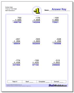 Multiple Digits Three by Three Digits Worksheet