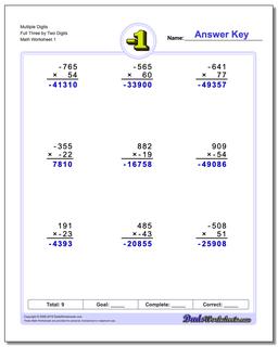 Multiple Digits Full Three by Two Digits Negative Numbers Worksheet