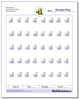 Multiple Digits Full Two by Two Digits Negative Numbers Worksheet