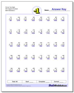 One by Two Digits With Negative Numbers /worksheets/negative-numbers.html Worksheet