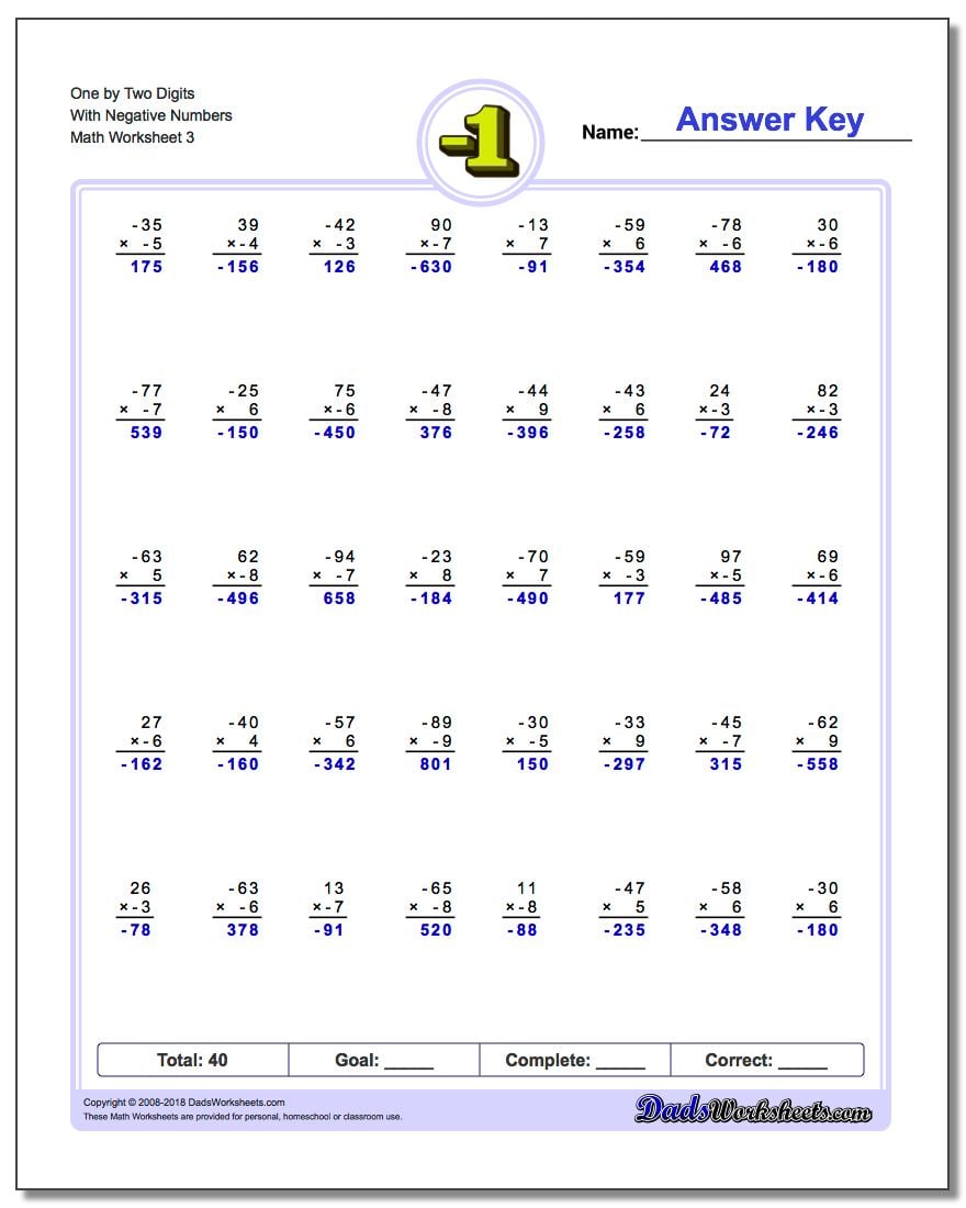 Negative And Positive Numbers Worksheet Multiplication