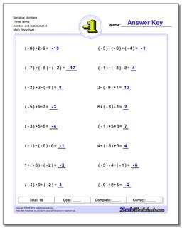 Negative Numbers Three Terms Addition Worksheet and Subtraction Worksheet 4