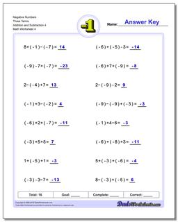 Negative Numbers Three Terms Addition Worksheet and Subtraction Worksheet 4