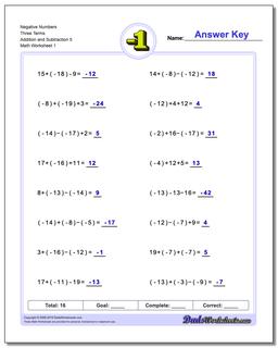 Negative Numbers Three Terms Addition Worksheet and Subtraction Worksheet 5