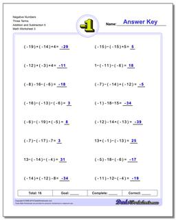 Negative Numbers Three Terms Addition Worksheet and Subtraction Worksheet 5
