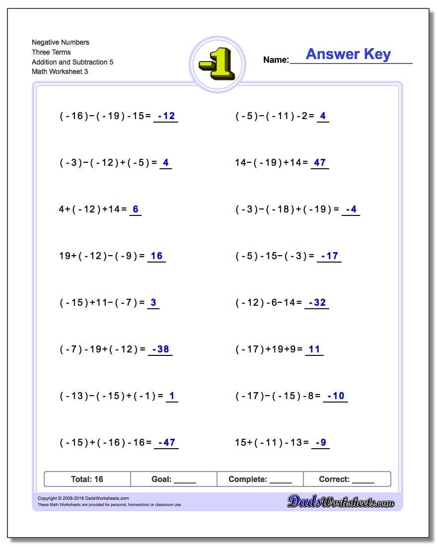 Adding And Subtracting Positive And Negative Numbers Worksheet Answers