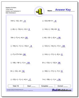 Negative Numbers Three Terms Addition Worksheet and Subtraction Worksheet 5