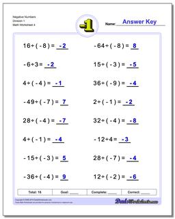 Negative Numbers Division Worksheet 1