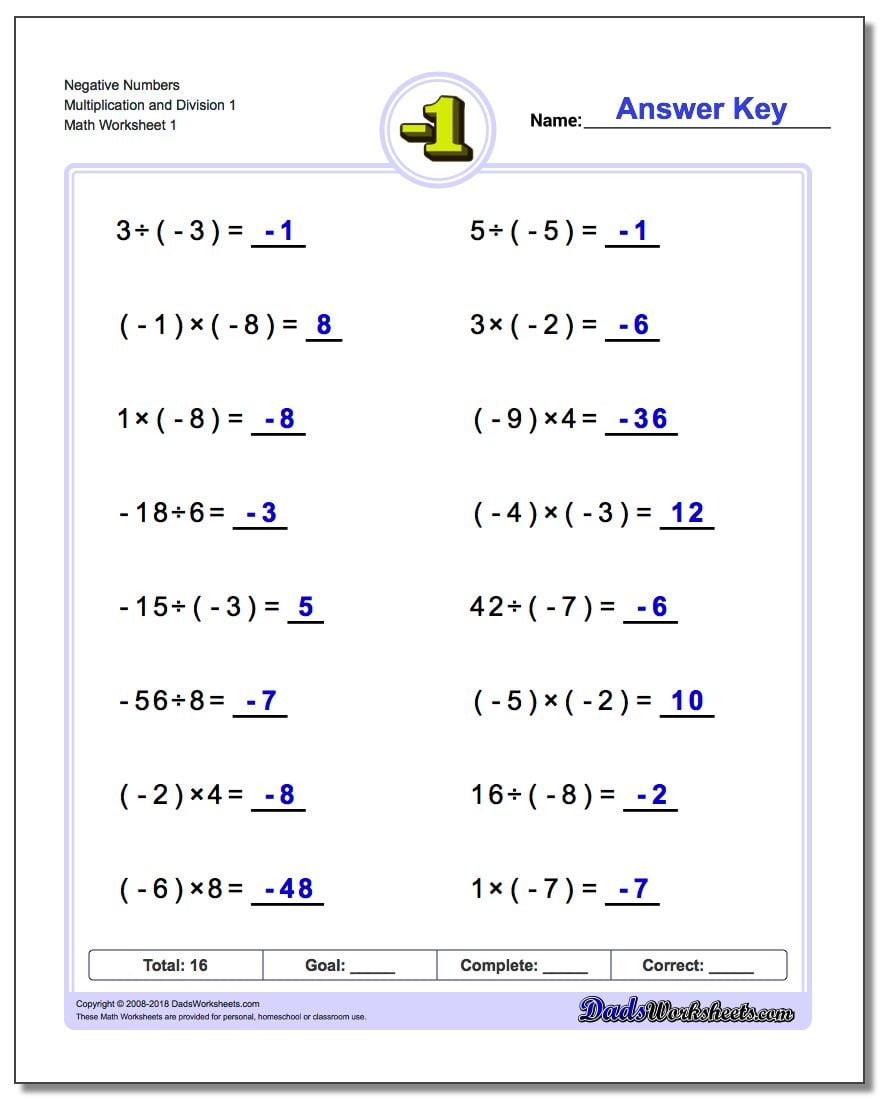 Positive And Negative Multiplication And Division Worksheets