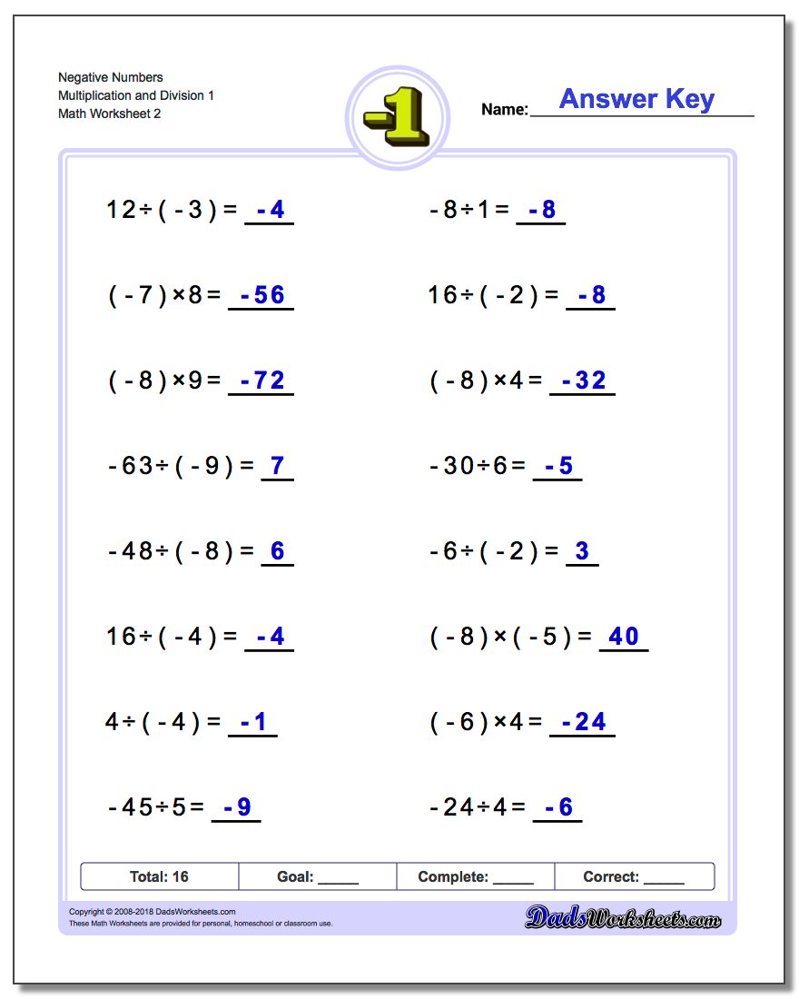Negative Numbers Multiplication Worksheet and Division Worksheet 1 www.dadsworksheets.com/worksheets/negative-numbers.html