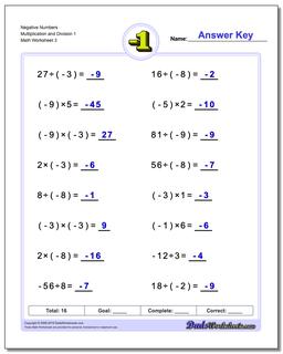 Negative Numbers Multiplication Worksheet and Division Worksheet 1