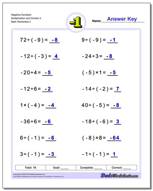  Negative Numbers Multiplication and Division Facts