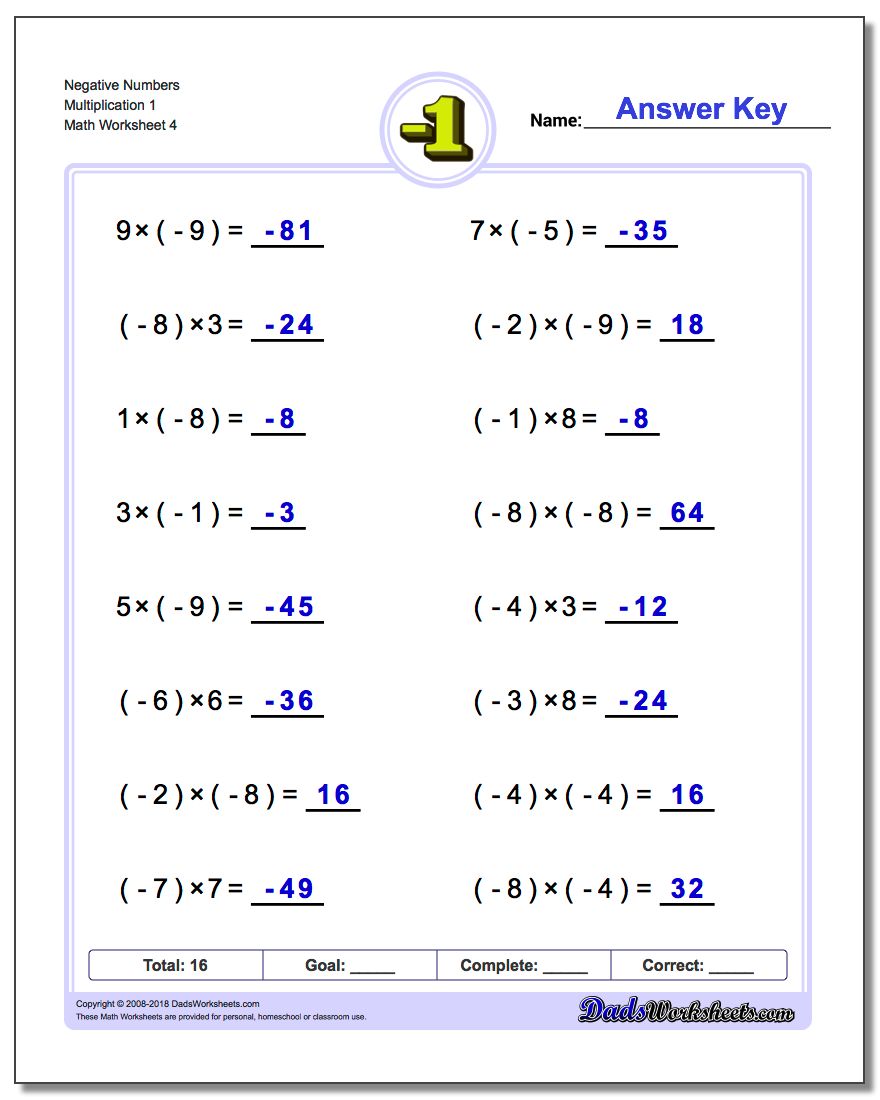 Negative Numbers Multiplication Worksheet