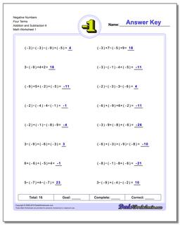 Negative Numbers Four Terms Addition Worksheet and Subtraction Worksheet 6