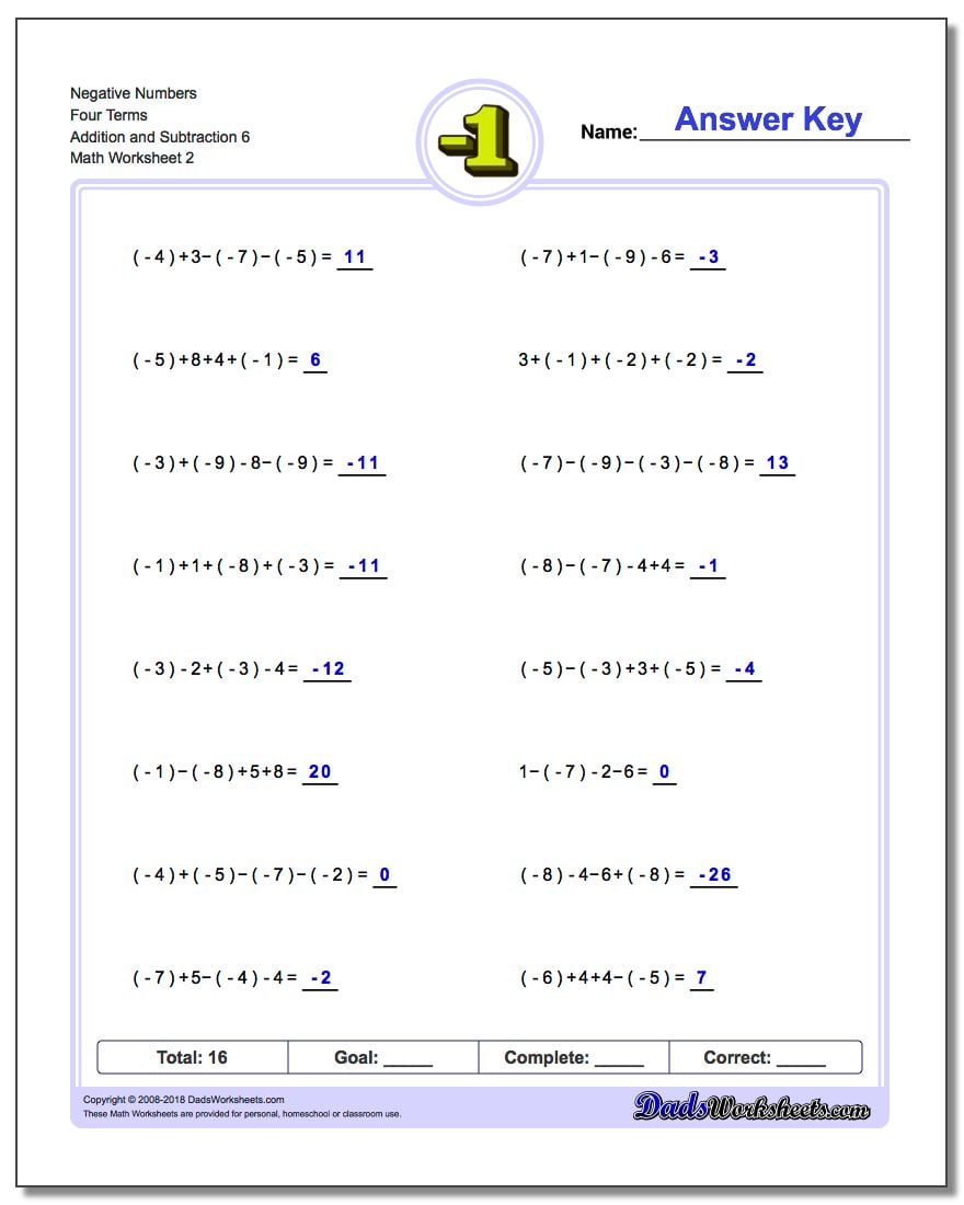 Adding and Subtracting Negative Numbers Worksheets